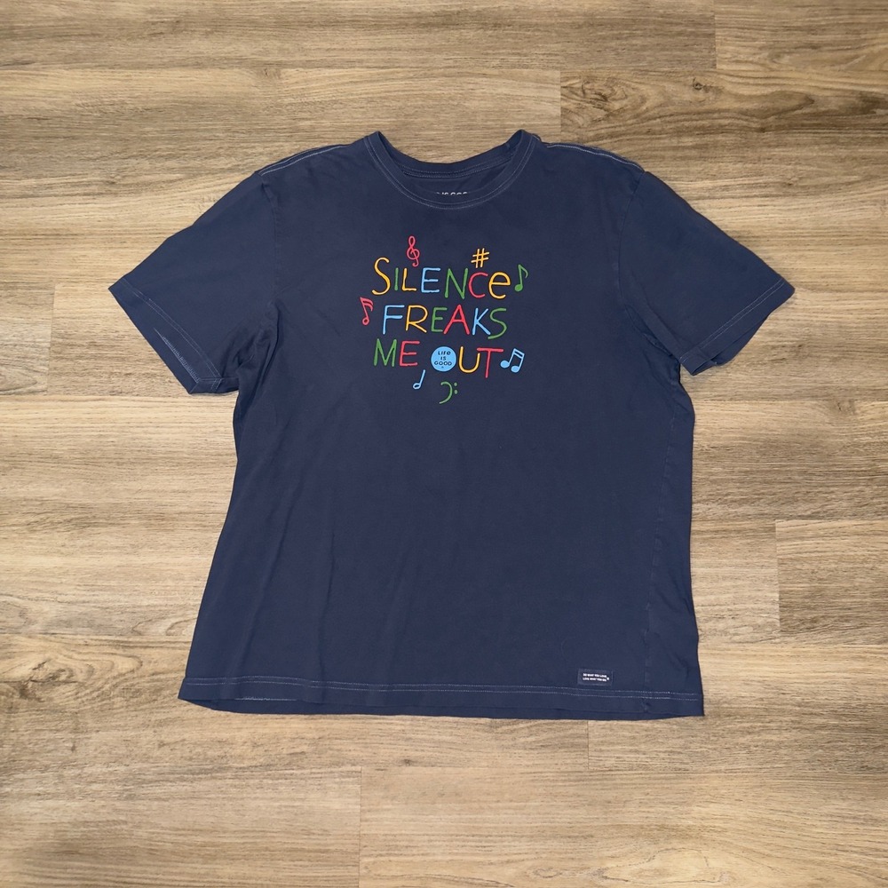 Life is Good Mens XL Crusher Tee Silence Freaks Me Out Music Graphic TShirt Navy
